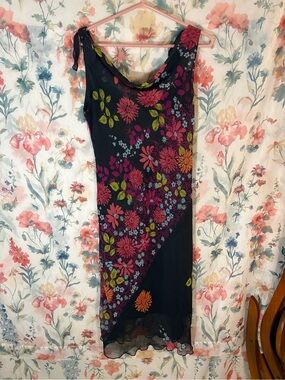 Vintage Floral Black Cowl Neck Slip Dress - Sleeveless Summer Midi